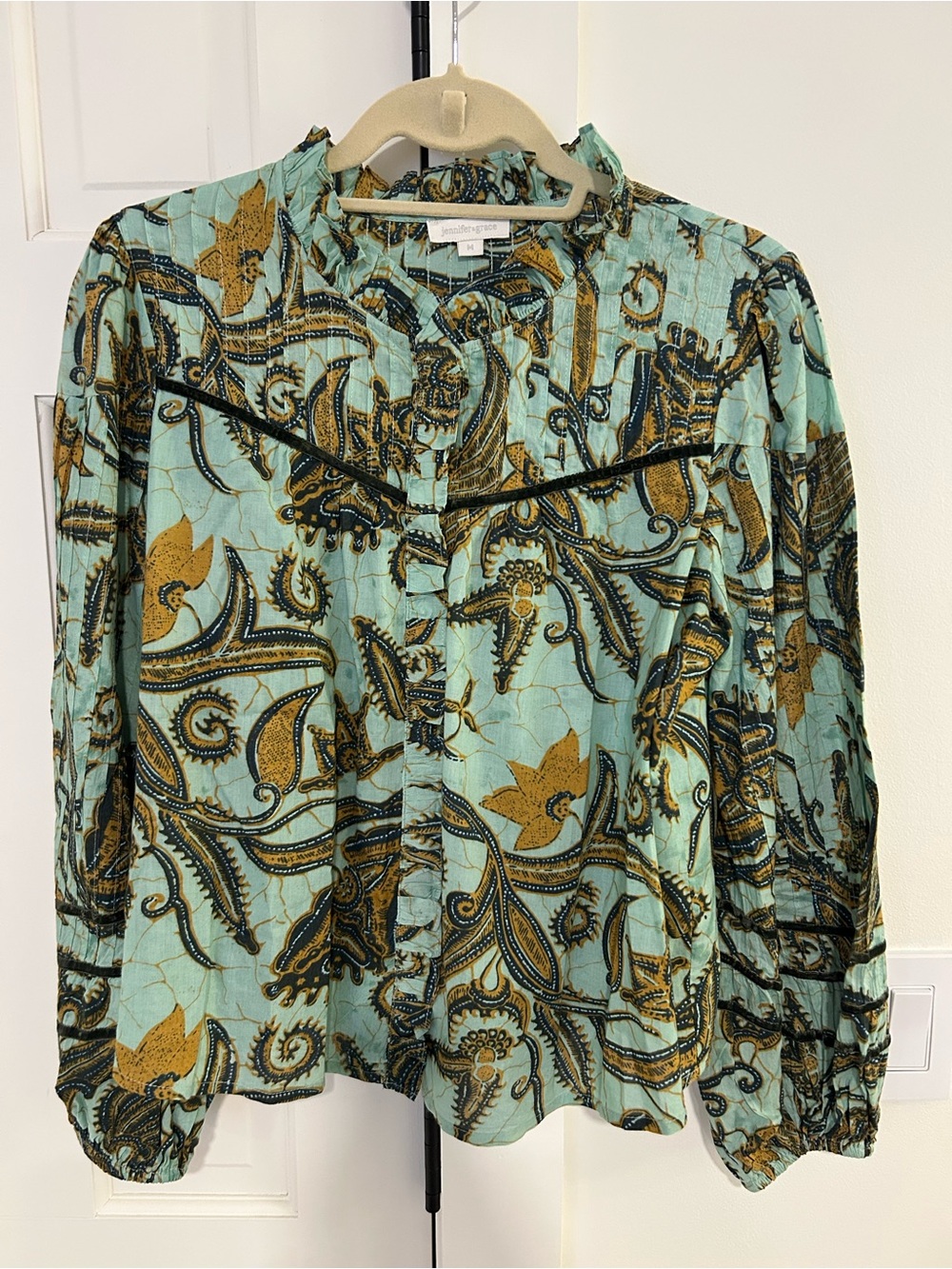 Light Teal Paisley-Print Long-Sleeve Shirt - Jennifer & Grace